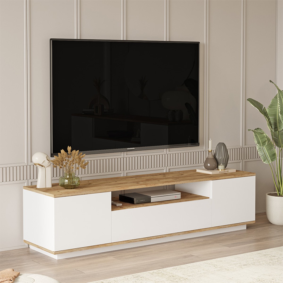 Έπιπλο τηλεόρασης Soren pakoworld sonoma-λευκό 180x.44.5x44.6εκ Έπιπλο τηλεόρασης Soren pakoworld sonoma-λευκό 180x.44.5x44.6εκ