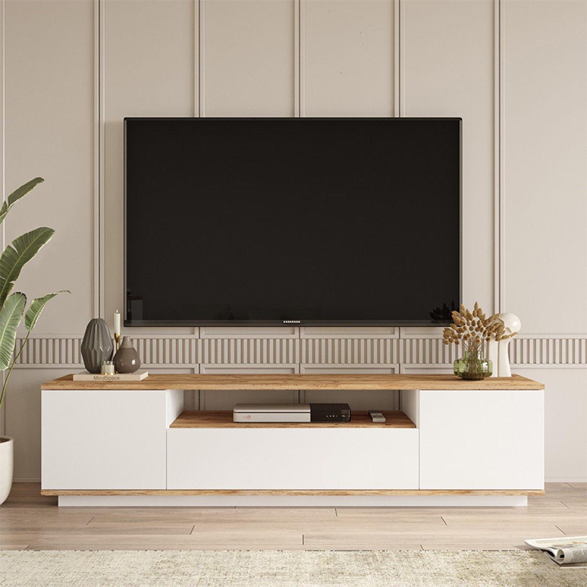 Έπιπλο τηλεόρασης Soren pakoworld sonoma-λευκό 180x.44.5x44.6εκ Έπιπλο τηλεόρασης Soren pakoworld sonoma-λευκό 180x.44.5x44.6εκ