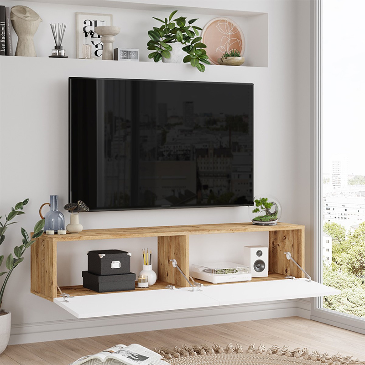 Έπιπλο τηλεόρασης επιτοίχιο Serit pakoworld λευκό-sonoma 140x31.6x29.6εκ Έπιπλο τηλεόρασης επιτοίχιο Serit pakoworld λευκό-sonoma 140x31.6x29.6εκ