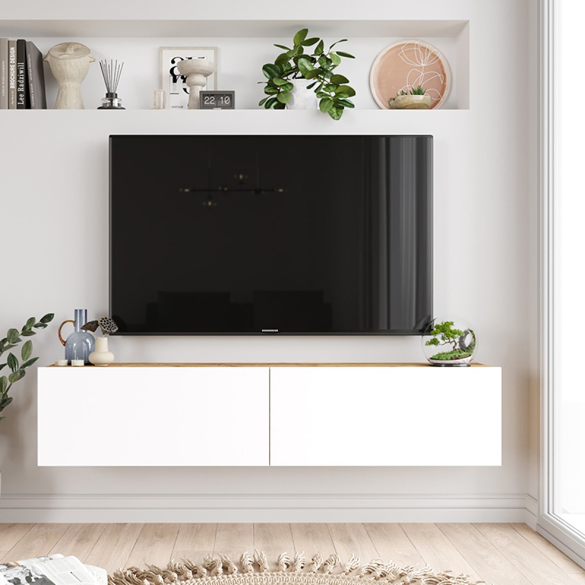 Έπιπλο τηλεόρασης επιτοίχιο Serit pakoworld λευκό-sonoma 140x31.6x29.6εκ Έπιπλο τηλεόρασης επιτοίχιο Serit pakoworld λευκό-sonoma 140x31.6x29.6εκ