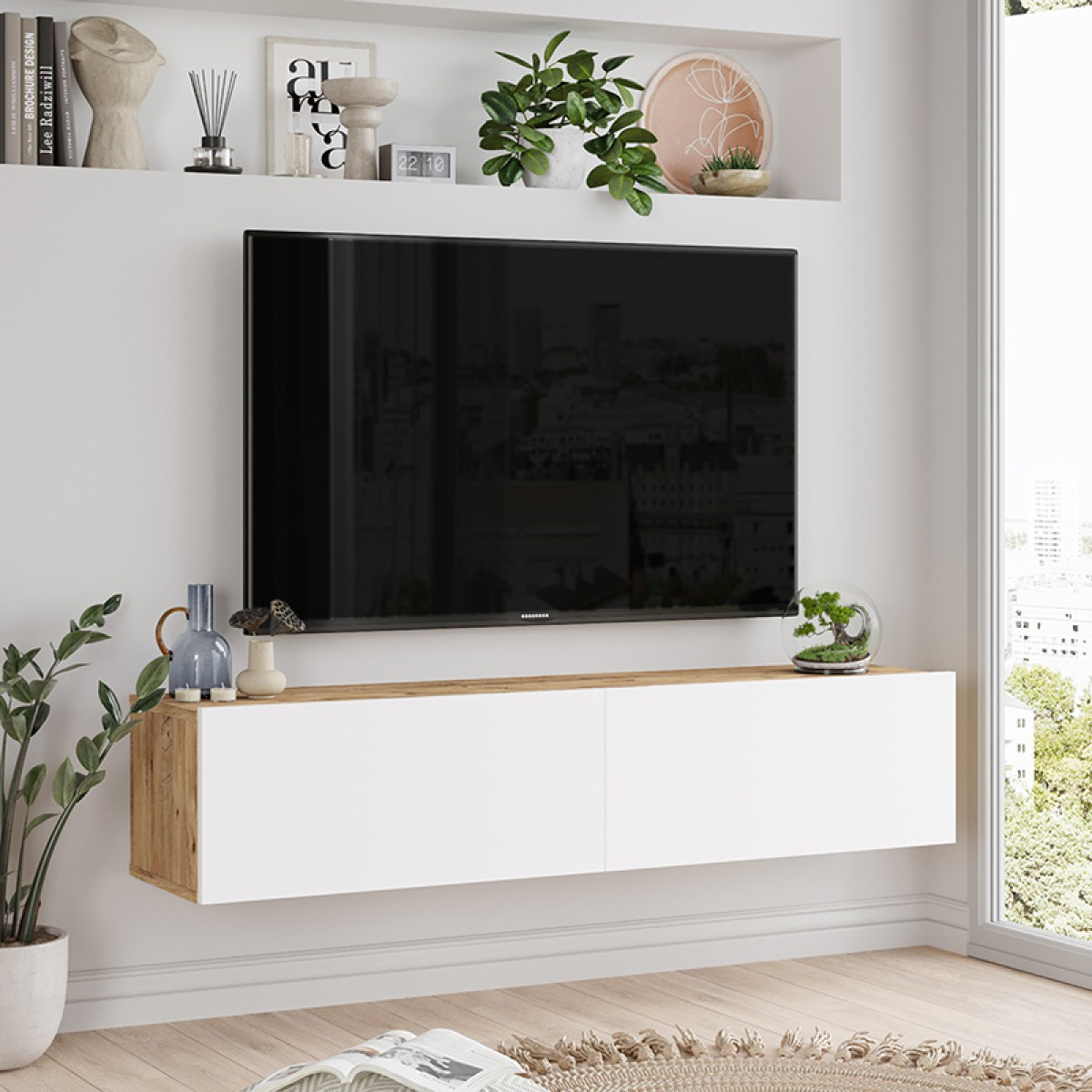 Έπιπλο τηλεόρασης επιτοίχιο Serit pakoworld λευκό-sonoma 140x31.6x29.6εκ Έπιπλο τηλεόρασης επιτοίχιο Serit pakoworld λευκό-sonoma 140x31.6x29.6εκ