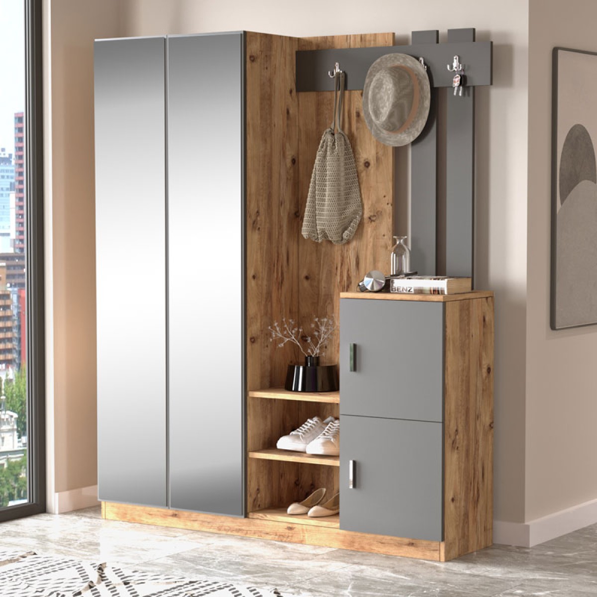 Έπιπλο εισόδου Doorse pakoworld μελαμίνης ανθρακί-sonoma 147.5x35x180εκ Έπιπλο εισόδου Doorse pakoworld μελαμίνης ανθρακί-sonoma 147.5x35x180εκ