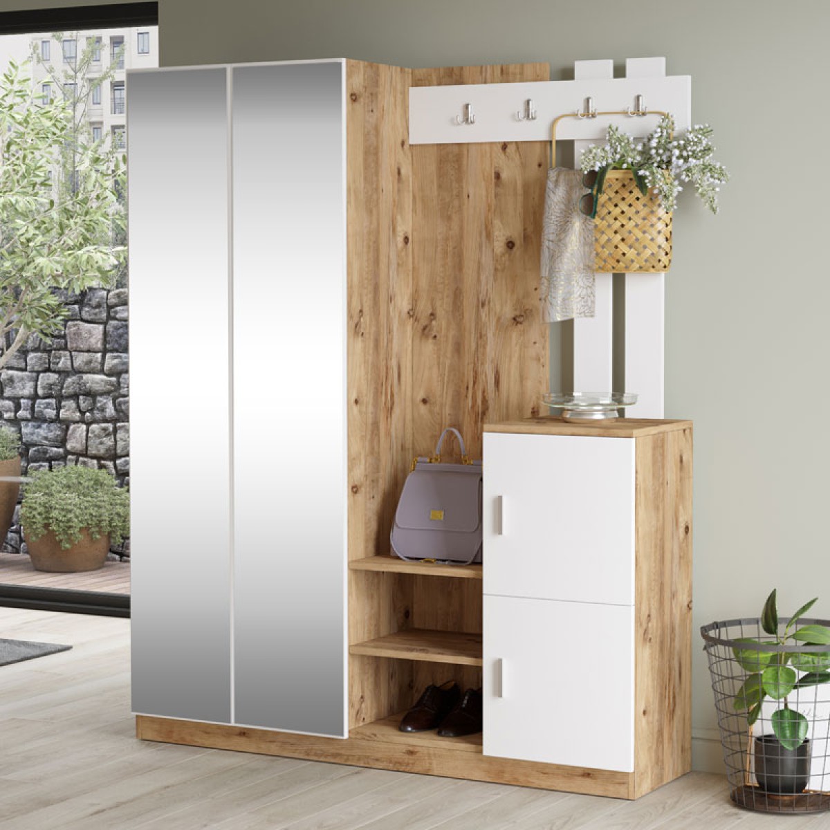Έπιπλο εισόδου Doorse pakoworld μελαμίνης λευκό-sonoma 147.5x35x180εκ Έπιπλο εισόδου Doorse pakoworld μελαμίνης λευκό-sonoma 147.5x35x180εκ