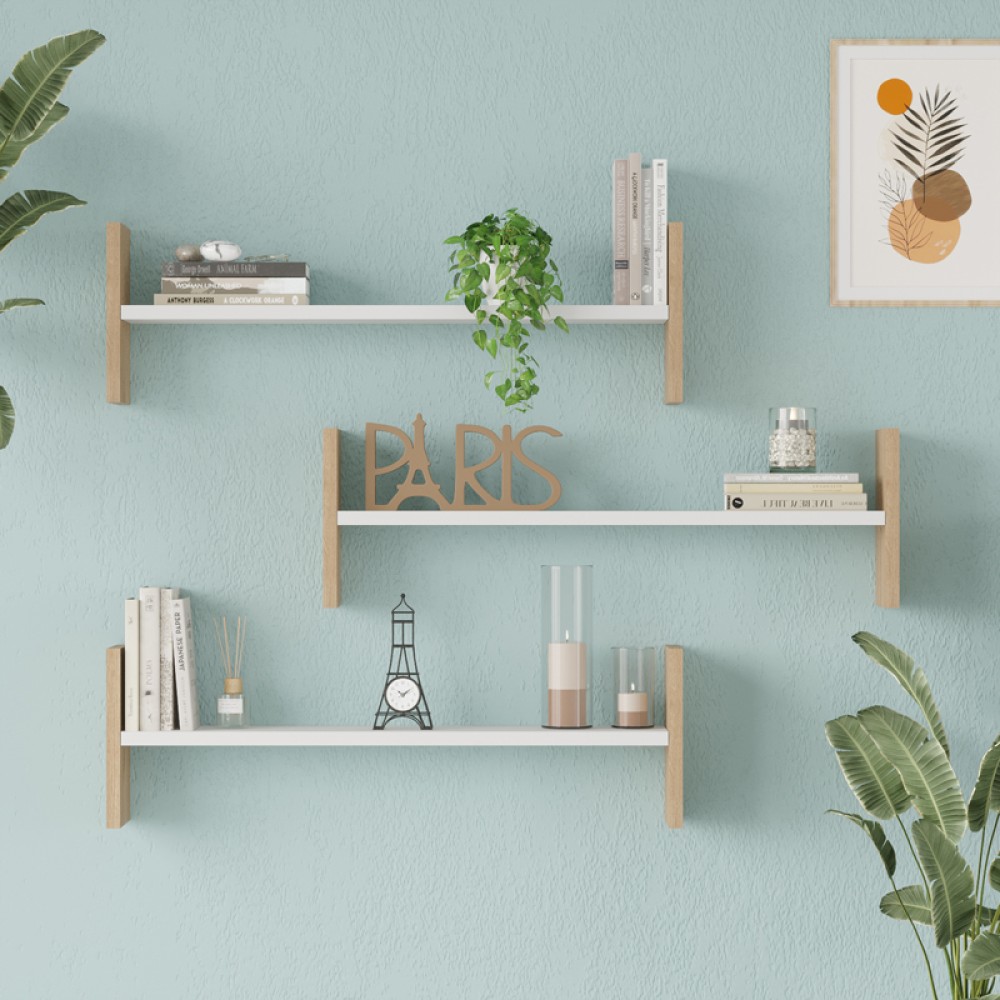 Ραφιέρα τοίχου Mento pakoworld λευκό με oak 75,6x14,5x23,6εκ