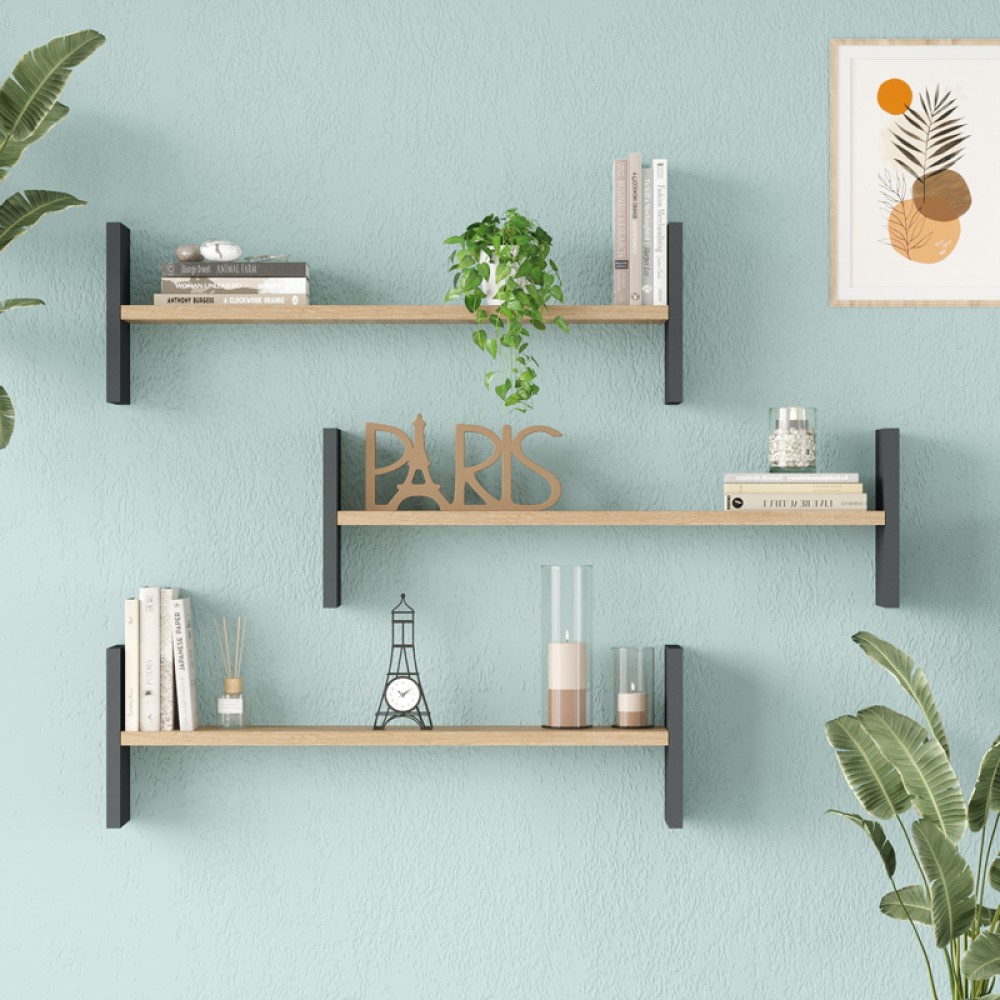 Ραφιέρα τοίχου Mento pakoworld oak με ανθρακί 75,6x14,5x23,6εκ