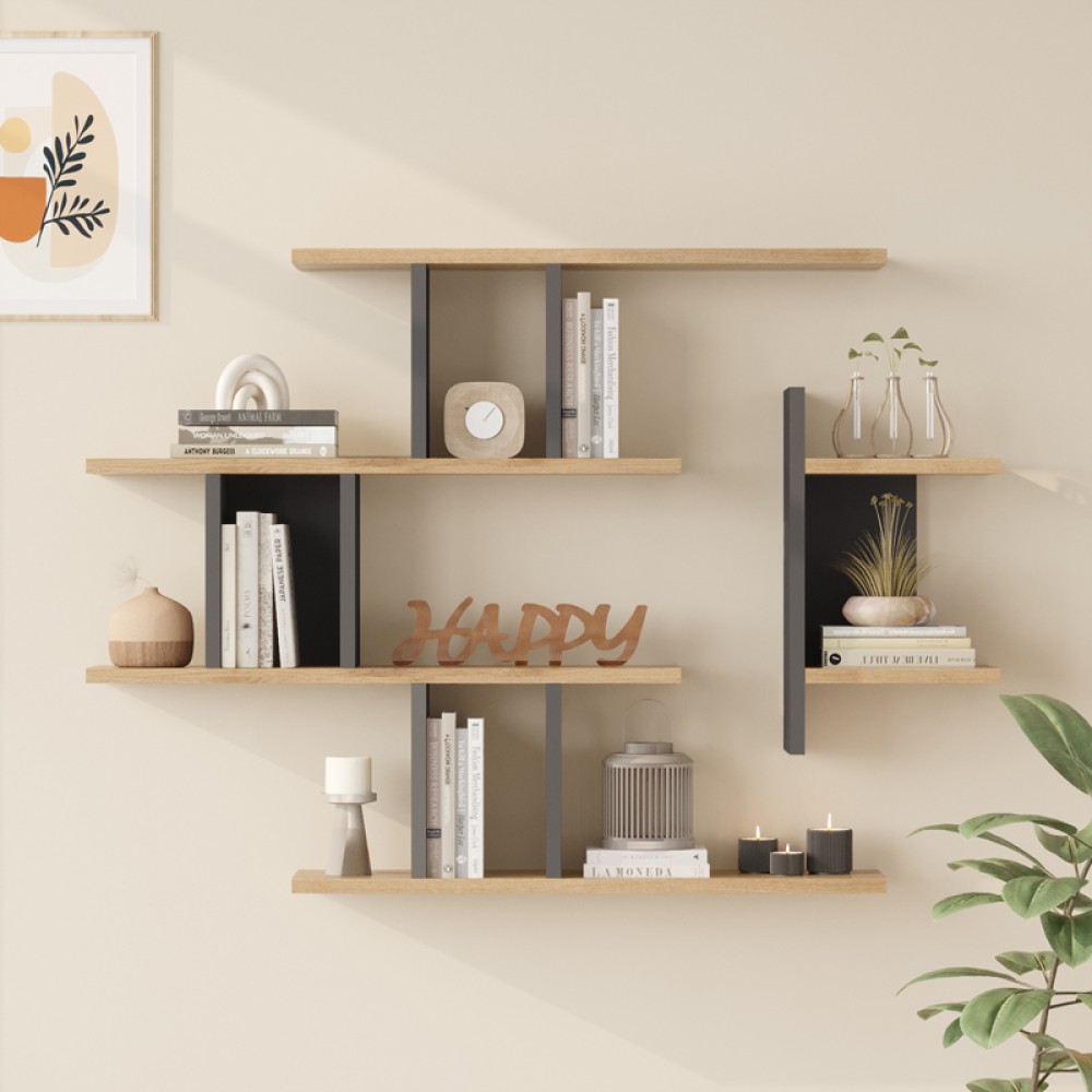 Ραφιέρα τοίχου Ledia pakoworld oak με ανθρακί 110,6x14,5x78εκ