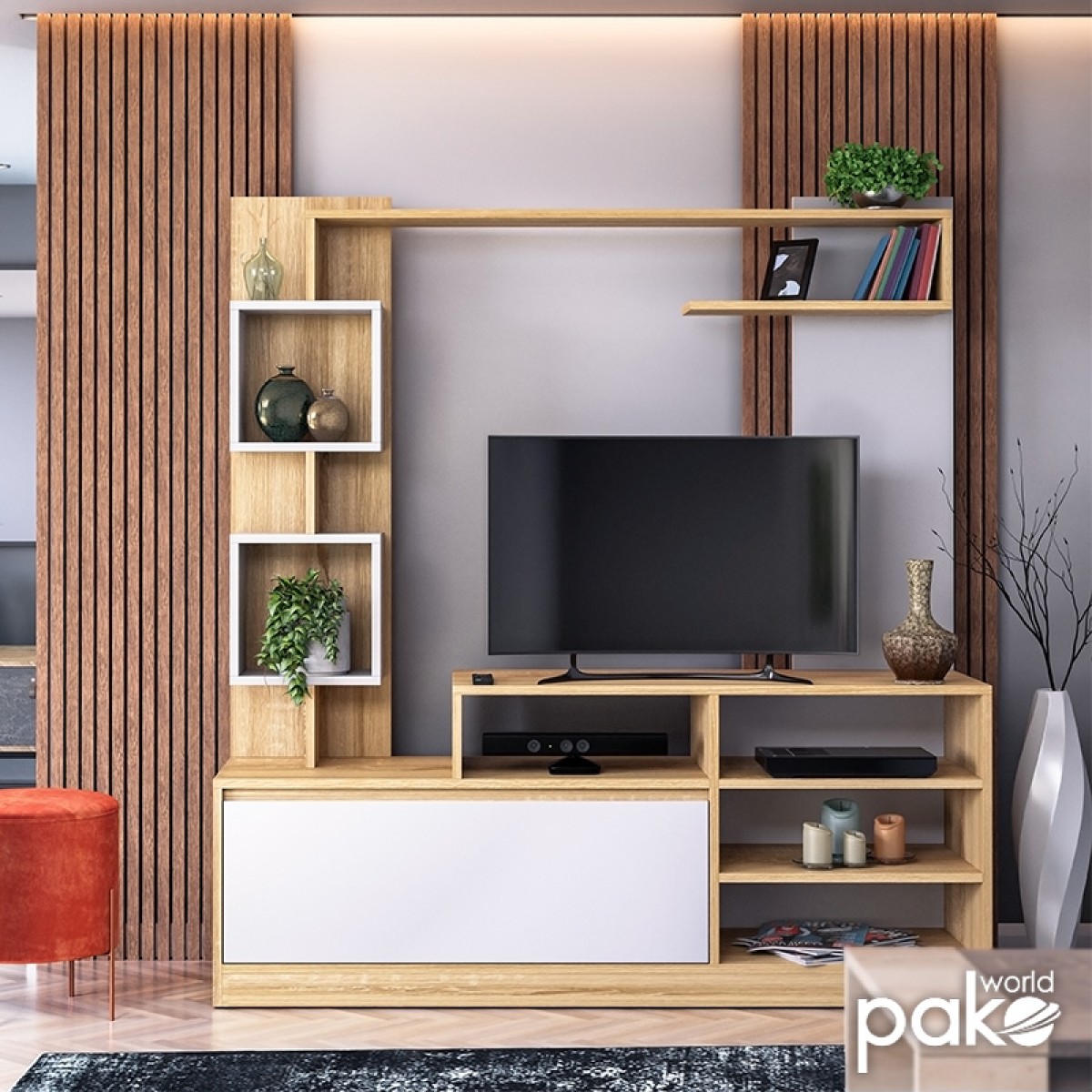Σύνθετο σαλονιού Aiden pakoworld sonoma-λευκό 150x38.5x160εκ Σύνθετο σαλονιού Aiden pakoworld sonoma-λευκό 150x38.5x160εκ