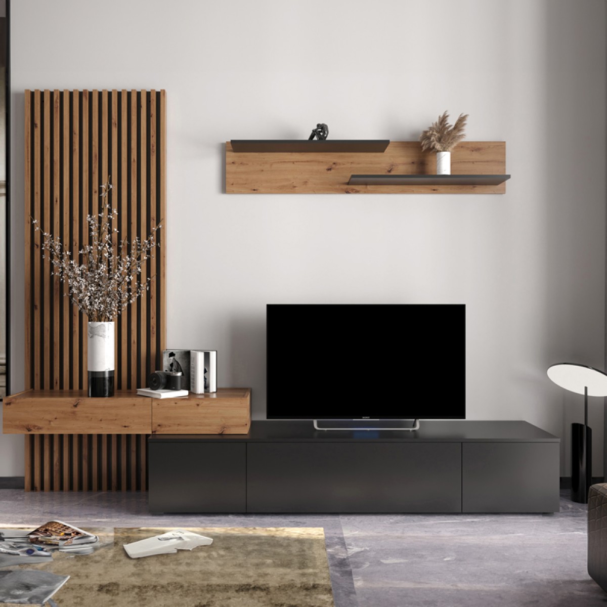 Σύνθετο σαλονιού Litende pakoworld μαύρο-sonoma μελαμίνης 249.5x42x199.5εκ Σύνθετο σαλονιού Litende pakoworld μαύρο-sonoma μελαμίνης 249.5x42x199.5εκ
