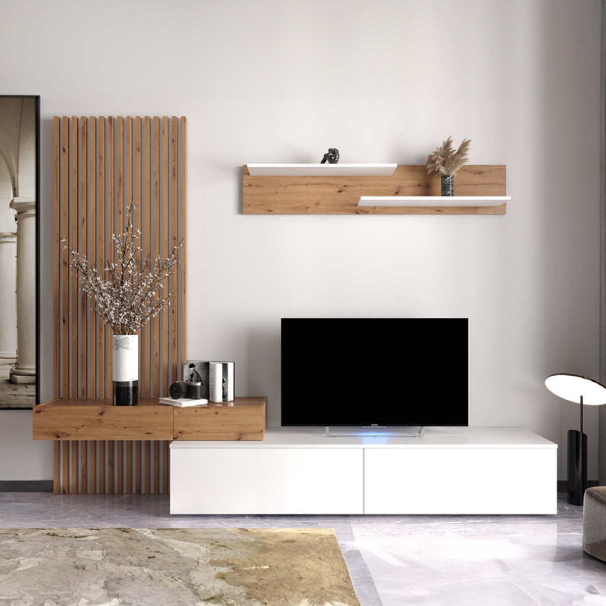 Σύνθετο σαλονιού Litende pakoworld sonoma-λευκό μελαμίνης 210x42x199.5εκ Σύνθετο σαλονιού Litende pakoworld sonoma-λευκό μελαμίνης 210x42x199.5εκ