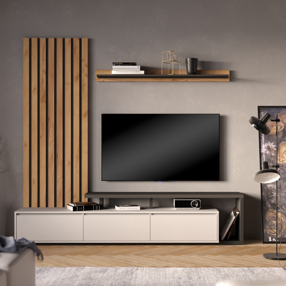 Σύνθετο σαλονιού Claironse pakoworld ανθρακί μελαμίνης 225x37.6x210εκ Σύνθετο σαλονιού Claironse pakoworld ανθρακί μελαμίνης 225x37.6x210εκ