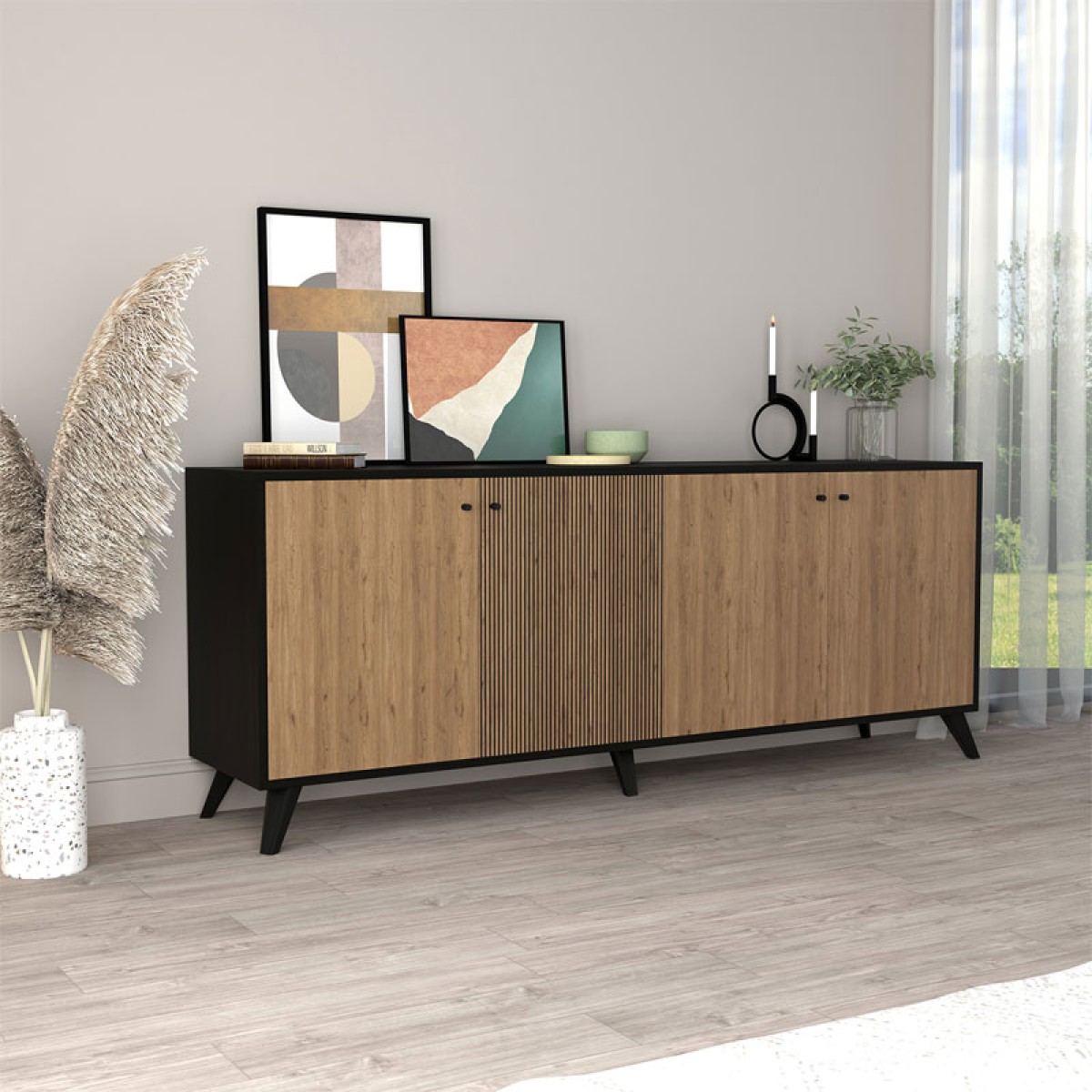 Μπουφές Flipter pakoworld μελαμίνης oak-μαύρο 180x40x78,6εκ Μπουφές Flipter pakoworld μελαμίνης oak-μαύρο 180x40x78,6εκ