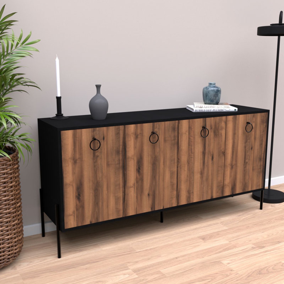 Μπουφές Twely pakoworld μελαμίνης καρυδί-μαύρο 160x40,5x79εκ Μπουφές Twely pakoworld μελαμίνης καρυδί-μαύρο 160x40,5x79εκ