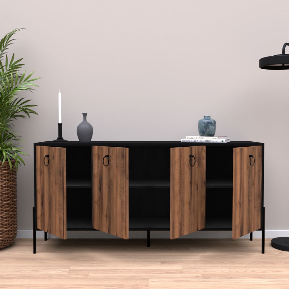 Μπουφές Twely pakoworld μελαμίνης καρυδί-μαύρο 160x40,5x79εκ Μπουφές Twely pakoworld μελαμίνης καρυδί-μαύρο 160x40,5x79εκ