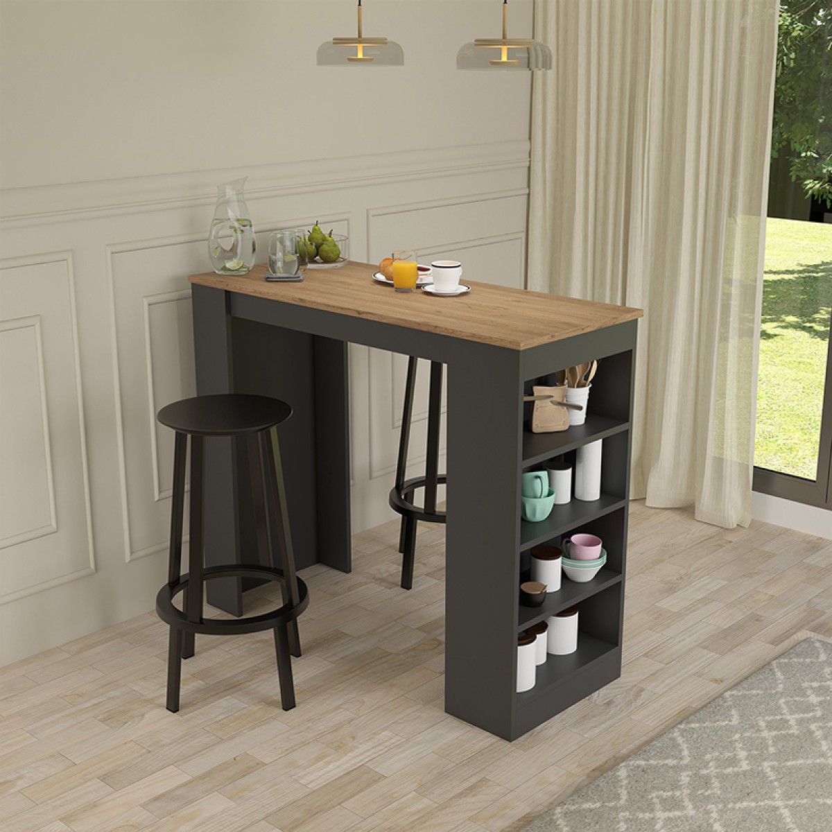 Τραπέζι μπαρ Birma pakoworld σε oak-ανθρακί απόχρωση 120x51.5x102εκ Τραπέζι μπαρ Birma pakoworld σε oak-ανθρακί απόχρωση 120x51.5x102εκ