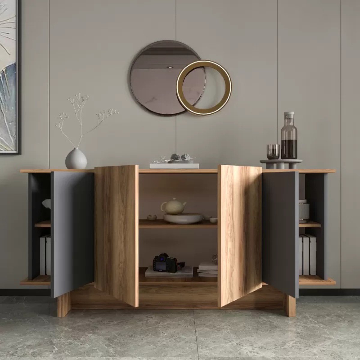 Μπουφές Aramos pakoworld σε ανθρακί - oak απόχρωση 180x45x80εκ Μπουφές Aramos pakoworld σε ανθρακί - oak απόχρωση 180x45x80εκ