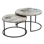 Τραπέζια σαλονιού Solme pakoworld 2τεμ λευκή όψη μαρμάρου με μαύρα μεταλλικά πόδια