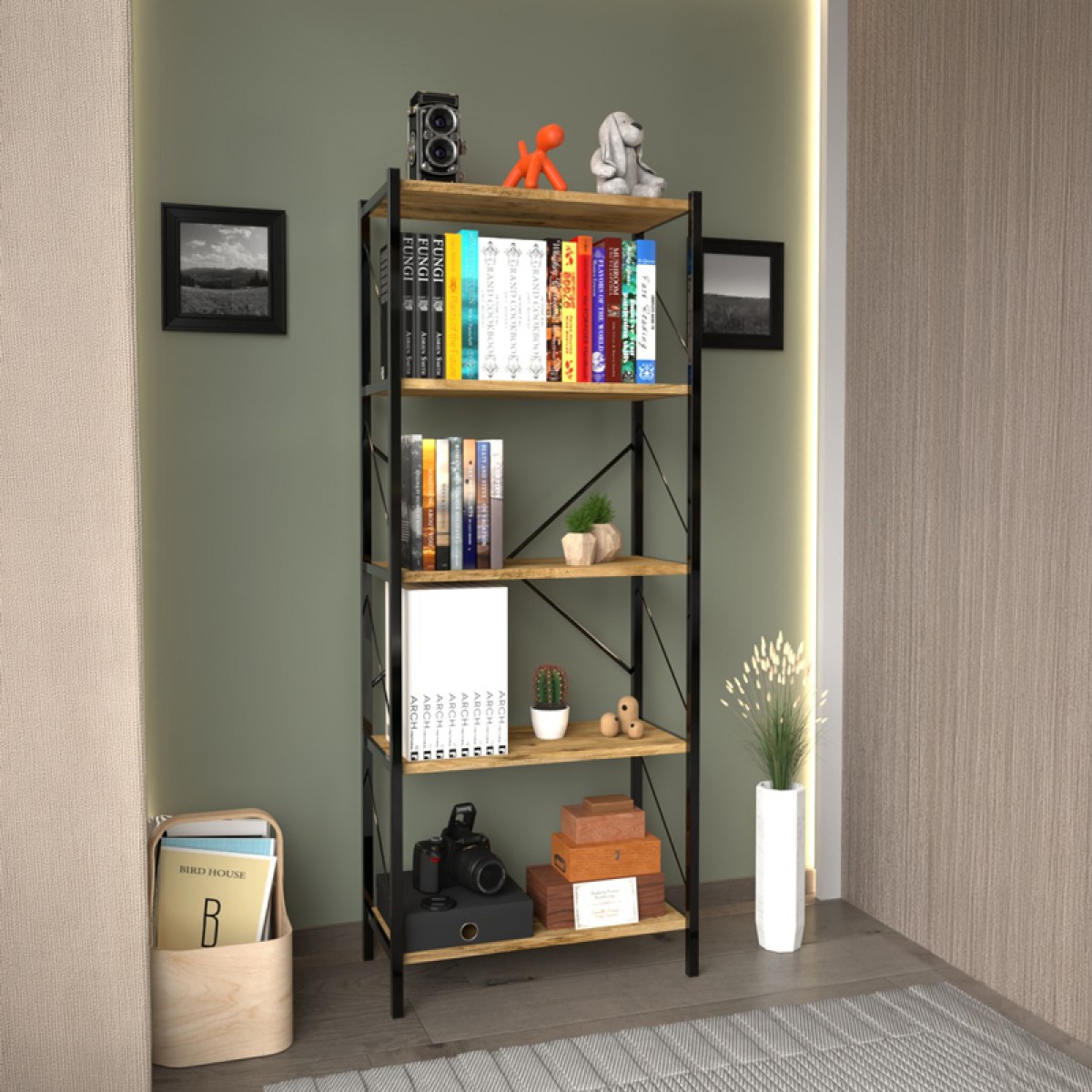 Βιβλιοθήκη Bimblem pakoworld oak με μαύρο μέταλλο 60x30x150εκ