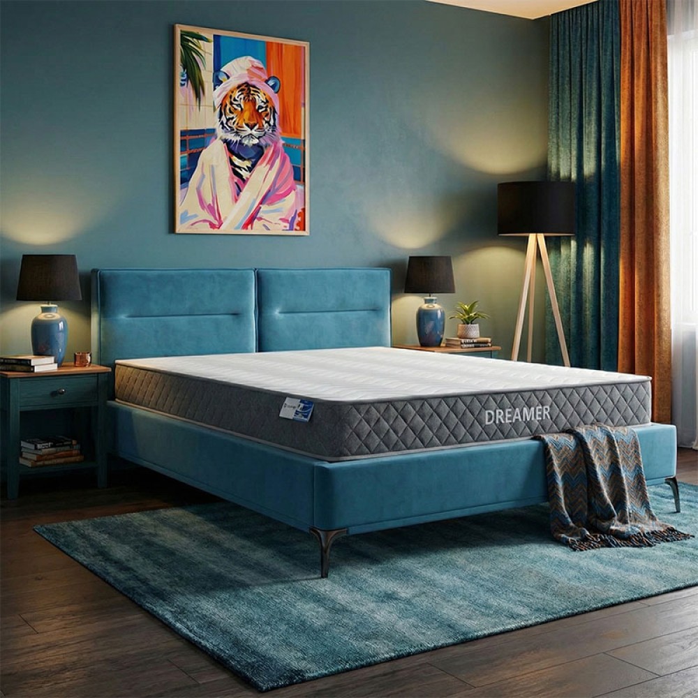 Κρεβάτι με στρώμα Ikina-Dreamer pakoworld βελούδο πετρολ 160x200εκ