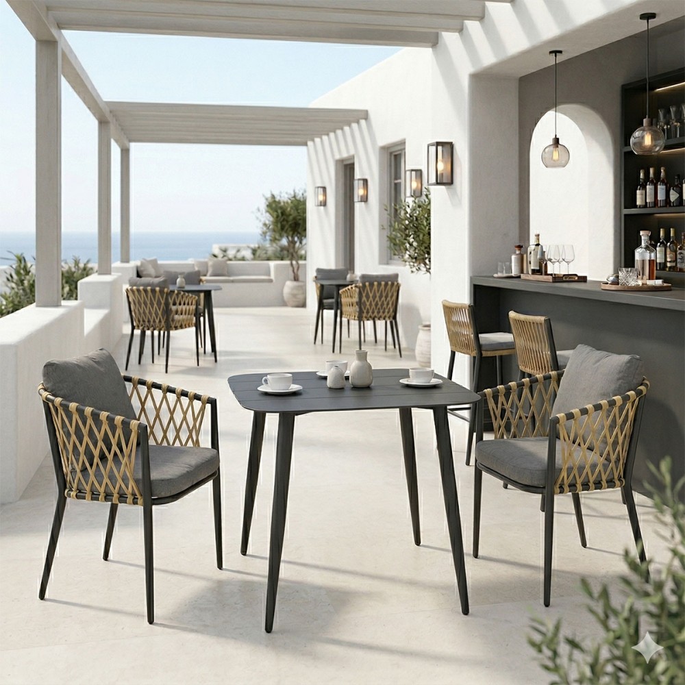 Τραπεζαρία Peluxe Vista pakoworld σετ 3τεμ ανθρακί αλουμίνιο με PE σχοινί σε φυσική απόχρωση και μαξιλάρια 80x80x72εκ