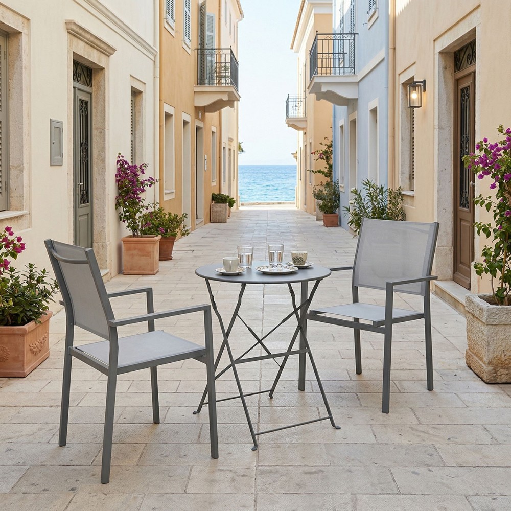Τραπεζαρία Bistro Confidence σετ 3τεμ pakoworld ανθρακί μέταλλο με γκρι textilene Φ60x71εκ