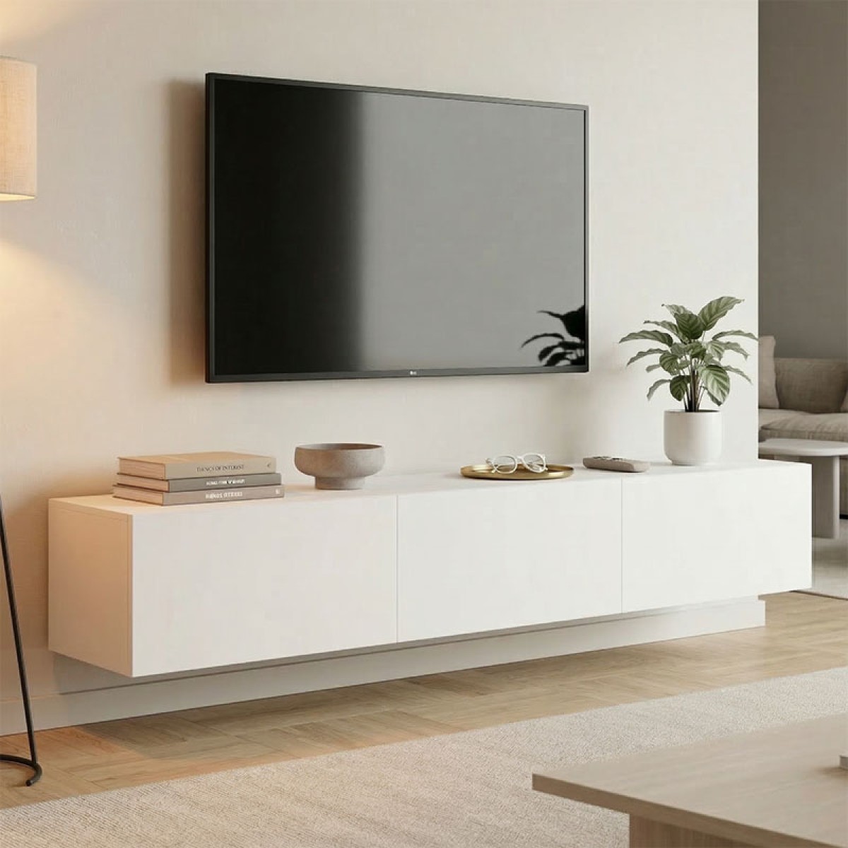 Έπιπλο τηλεόρασης επιτοίχιο με Led Rival pakoworld λευκό 180x35x30εκ