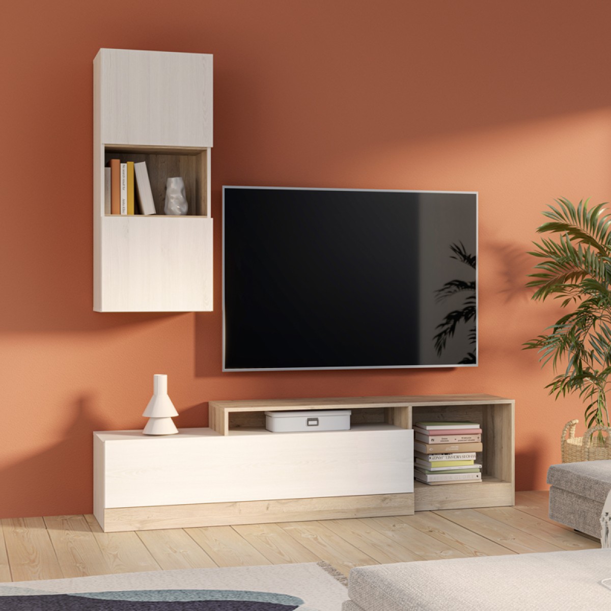 Σύνθετο σαλονιού Halmi pakoworld λευκό-oak μελαμίνης 180x39x190εκ Σύνθετο σαλονιού Halmi pakoworld λευκό-oak μελαμίνης 180x39x190εκ