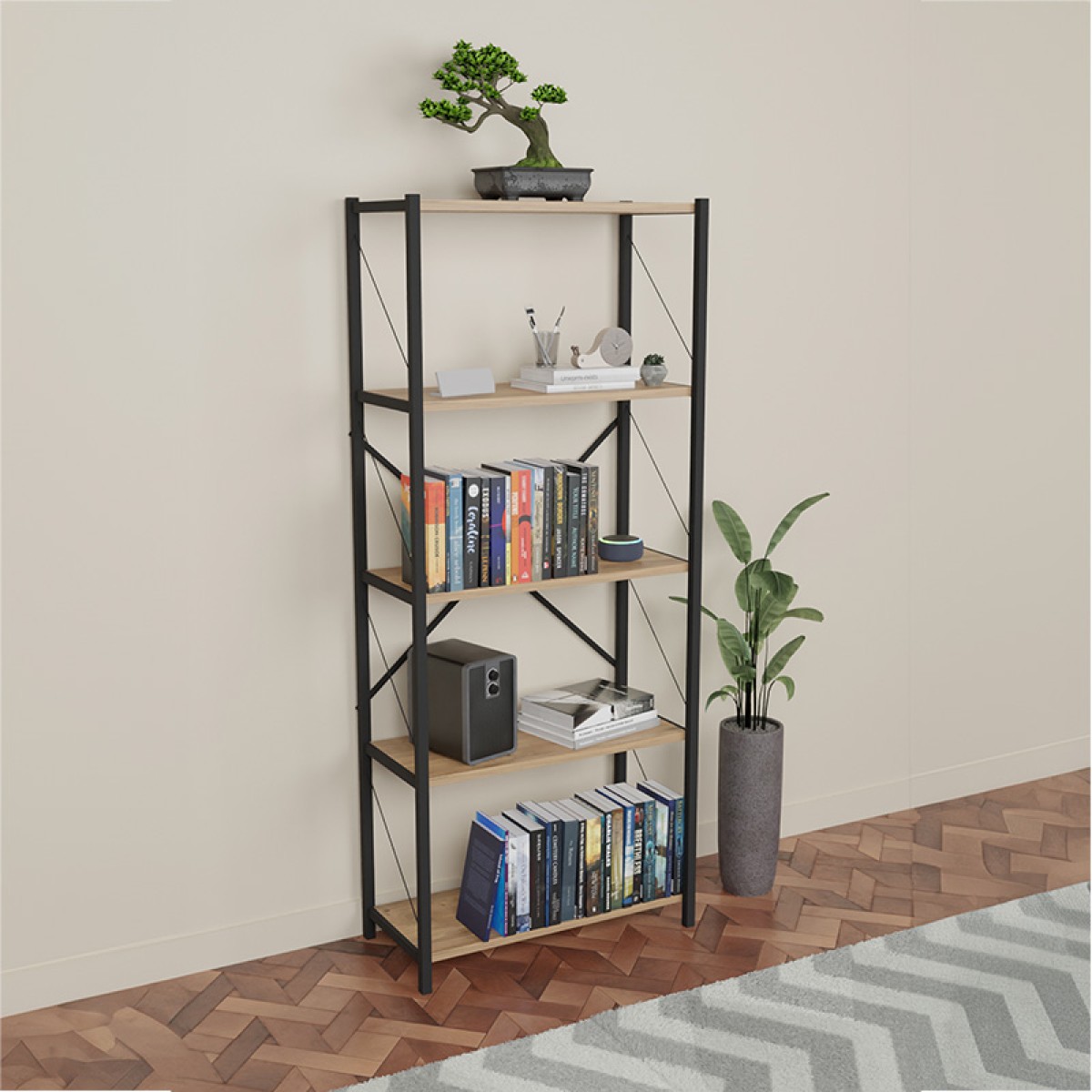 Βιβλιοθήκη Draizy pakoworld oak μελαμίνης-μαύρο μέταλλο 63x30x150εκ Βιβλιοθήκη Draizy pakoworld oak μελαμίνης-μαύρο μέταλλο 63x30x150εκ