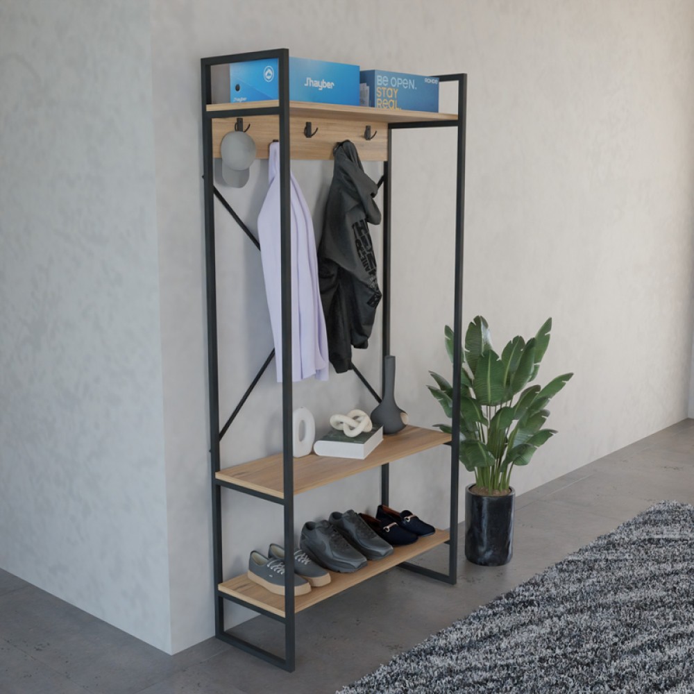 Έπιπλο εισόδου Levento pakoworld oak με μαύρο μεταλλικό σκελετό 88x34x180εκ