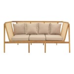 Καναπές τριθέσιος Jenta pakoworld teak ξύλο με rattan σε φυσική απόχρωση και μπεζ μαξιλάρι 203x67x92εκ