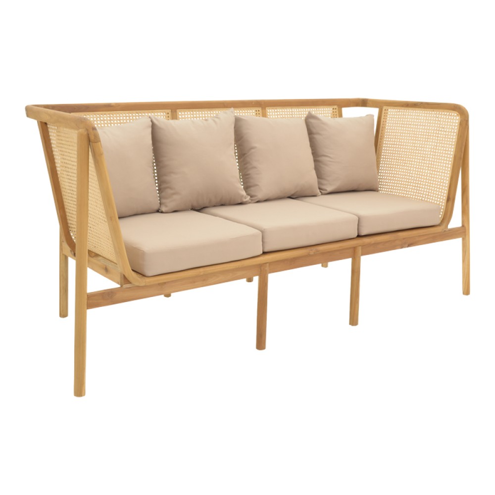 Καναπές τριθέσιος Jenta pakoworld teak ξύλο με rattan σε φυσική απόχρωση και μπεζ μαξιλάρι 203x67x92εκ