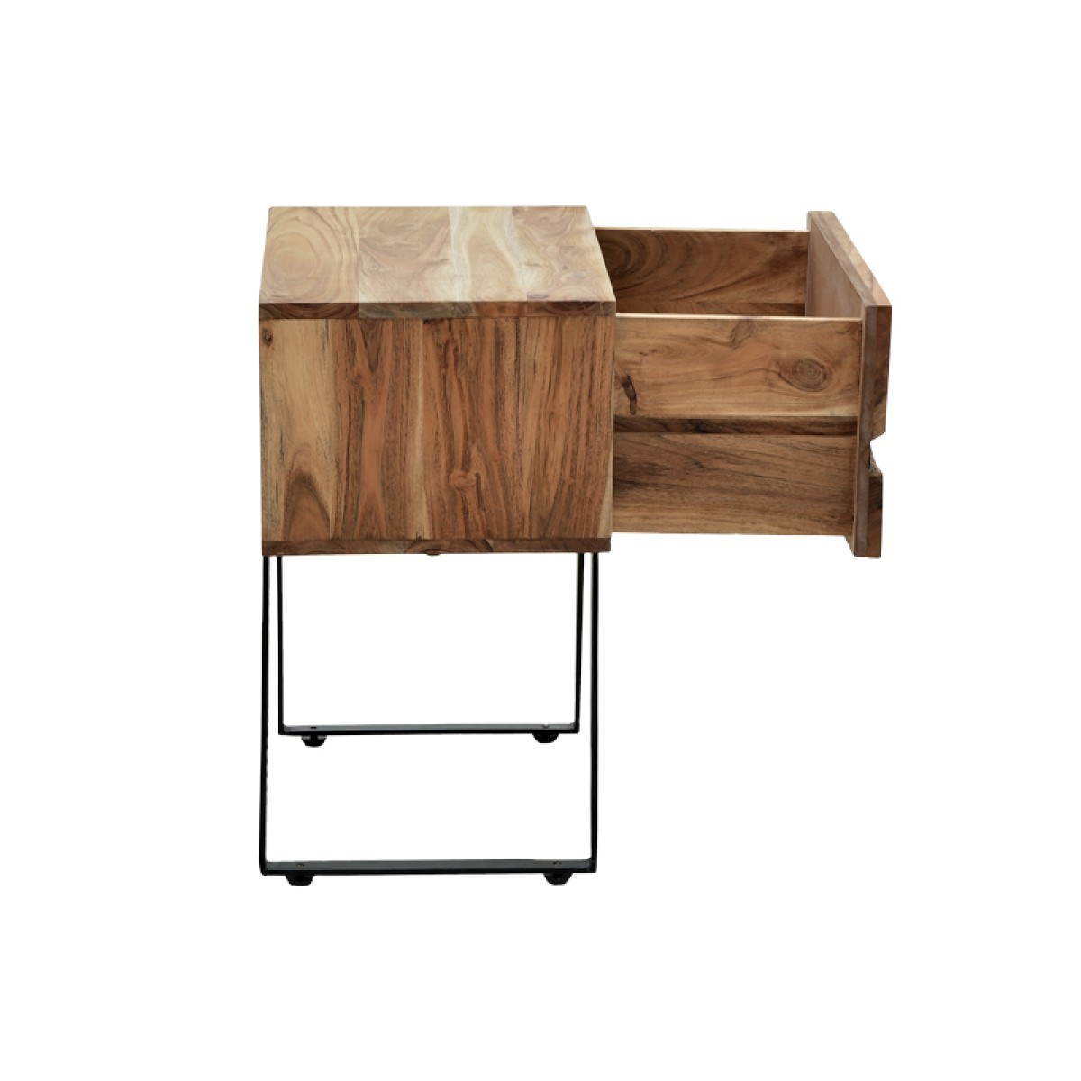 Κομοδίνο Imena pakoworld μασίφ ξύλο Acacia σε φυσικό απόχρωση με μαύρα μεταλλικά πόδια 45x35x56εκ