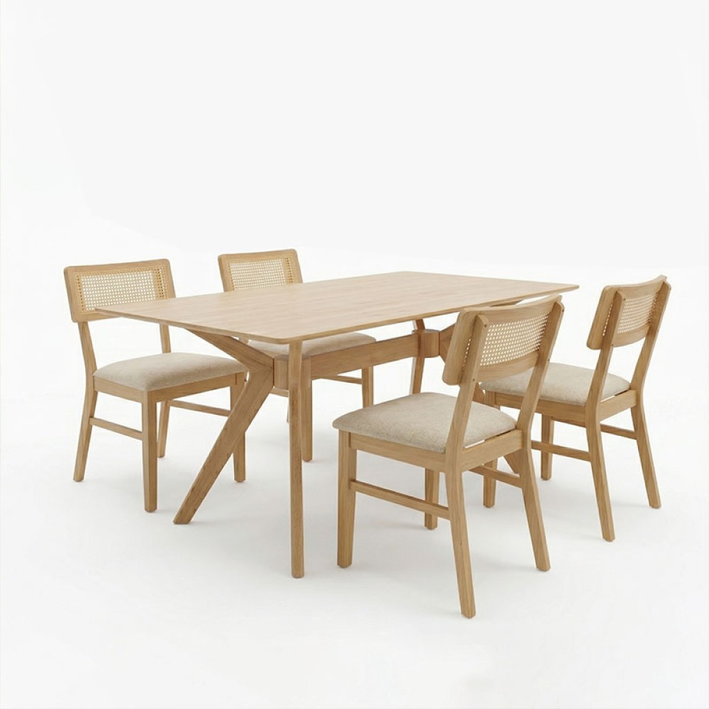 Τραπεζαρία Raffles pakoworld σετ 5τεμ rubberwood με pe rattanσε φυσική απόχρωση 150x90x76εκ