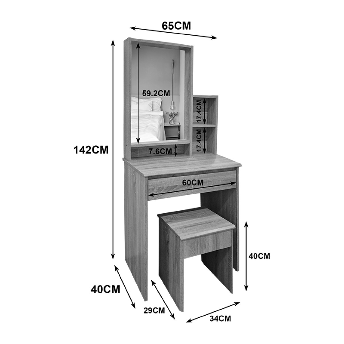 Τουαλέτα κρεβατοκάμαρας Larnia pakoworld με καθρέπτη και σκαμπό λευκό 65x40x142εκ