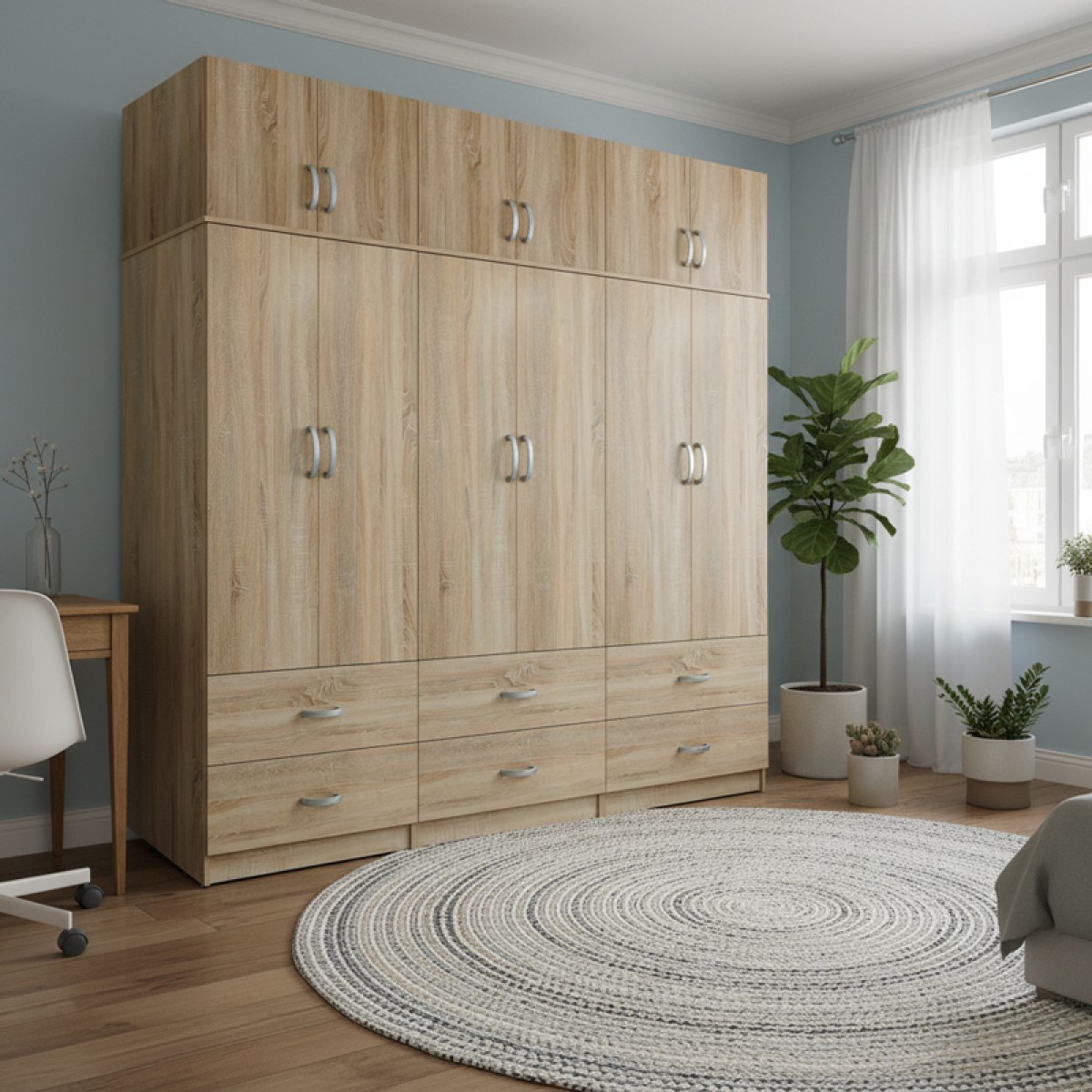 Ντουλάπα εξάφυλλη με συρτάρια και πατάρι Lego pakoworld sonoma 240x42x240εκ