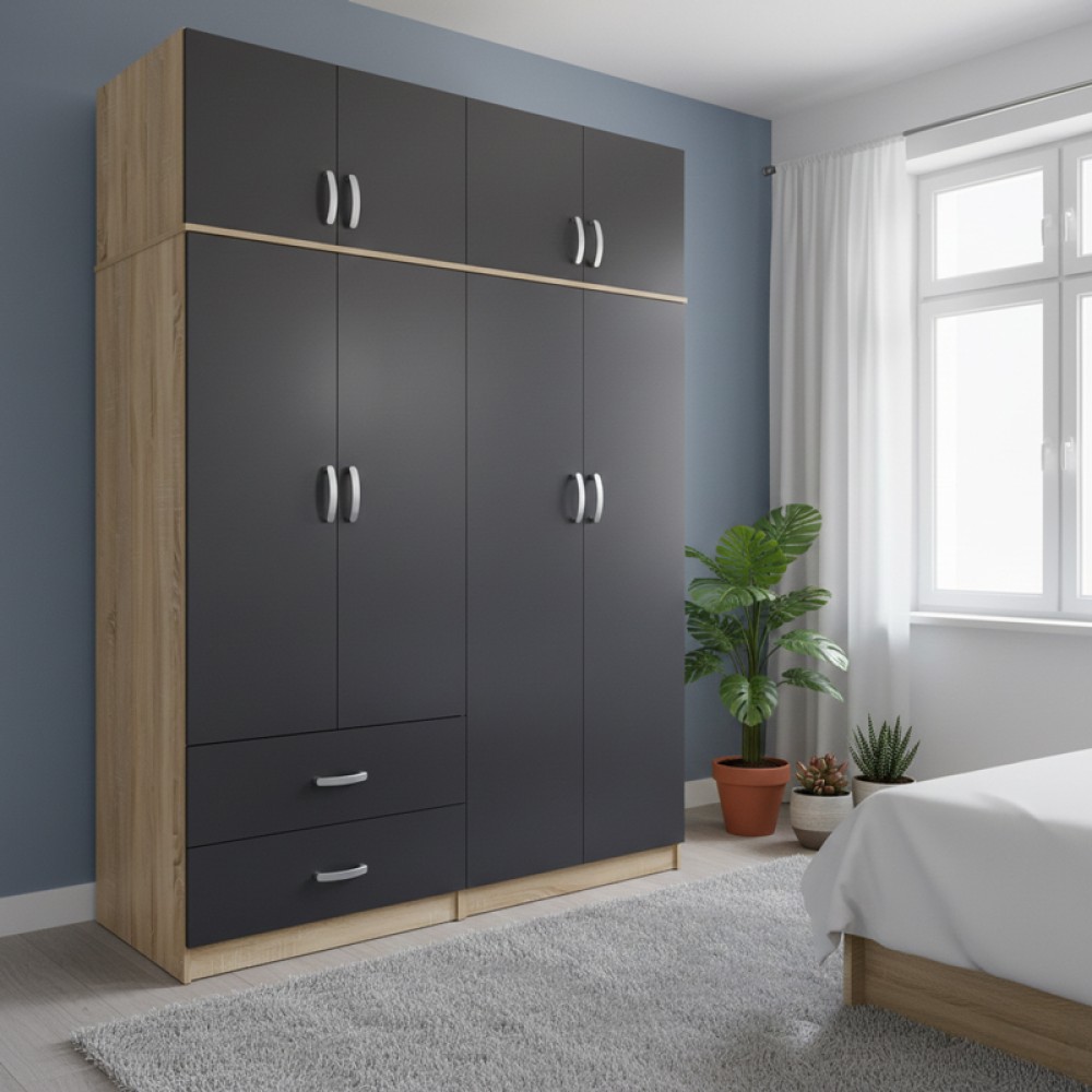 Ντουλάπα τετράφυλλη με πατάρι Lego pakoworld sonoma-ανθρακί 160x42x240εκ