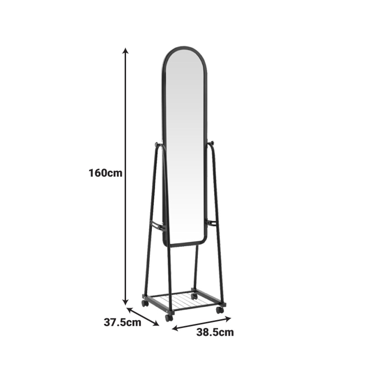 Καθρέπτης τροχήλατος Lomna pakoworld pp-μεταλλικός με ράφι σε μαύρη απόχρωση 38.5x37.5x160εκ