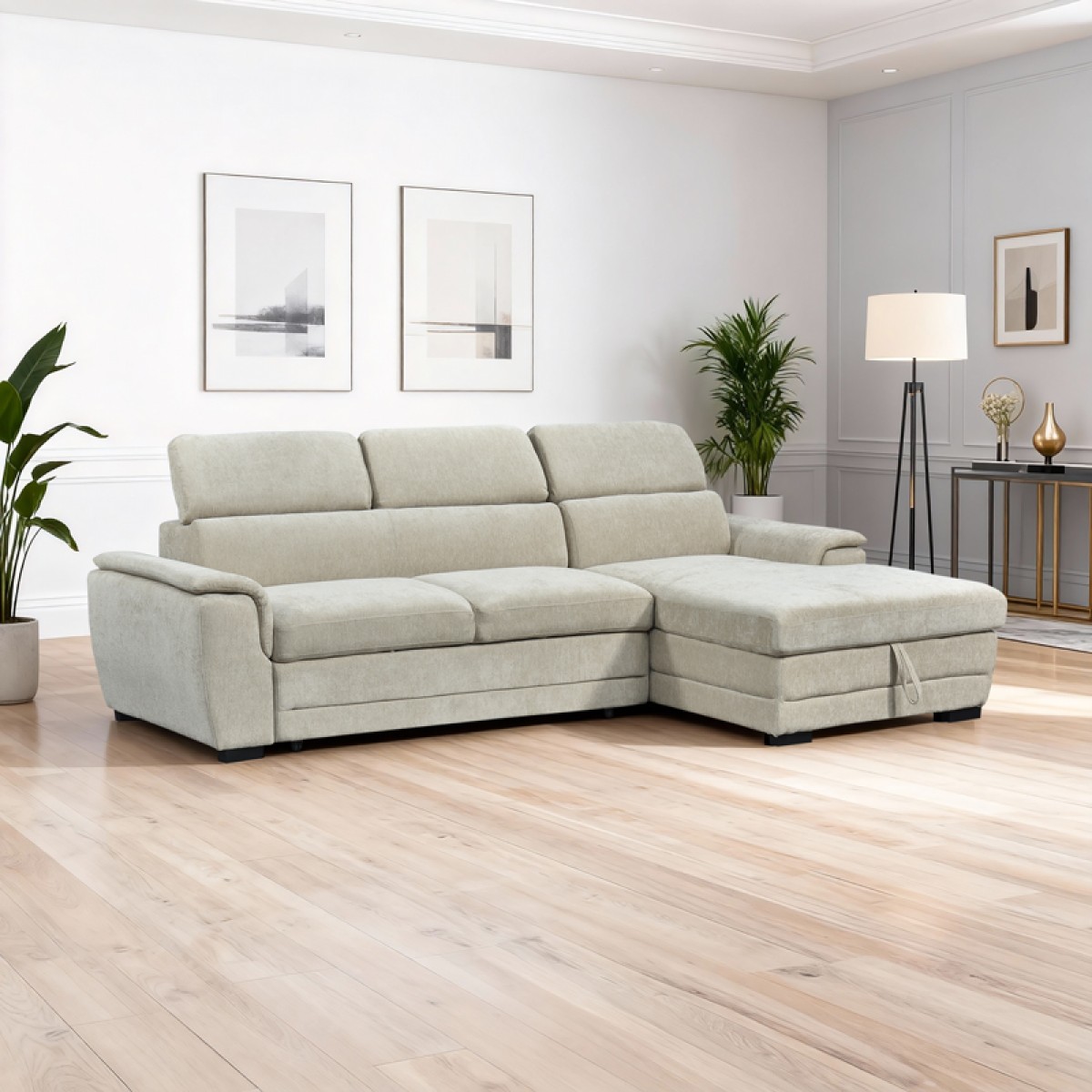 Γωνιακός καναπές-κρεβάτι αριστερή γωνία Dreamora pakoworld με αποθηκευτικό χώρο ύφασμα μπεζ 270x167x82εκ