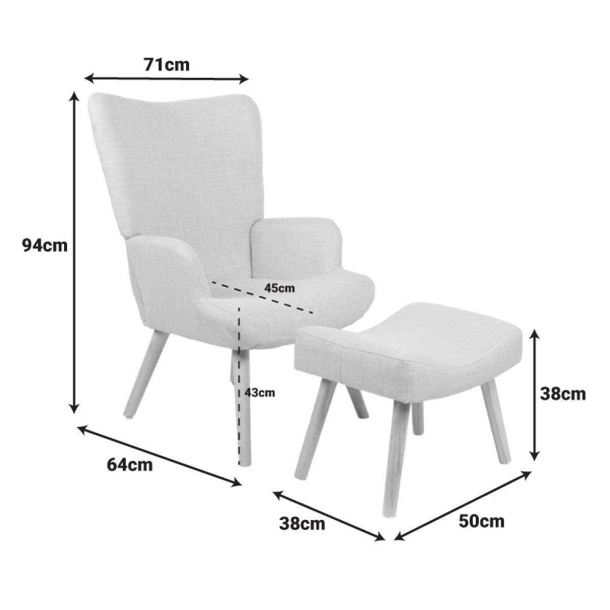 Πολυθρόνα-μπερζέρα με υποπόδιο Gerlina pakoworld ανθρακί ύφασμα με πόδι σε φυσική απόχρωση 71x64x94εκ