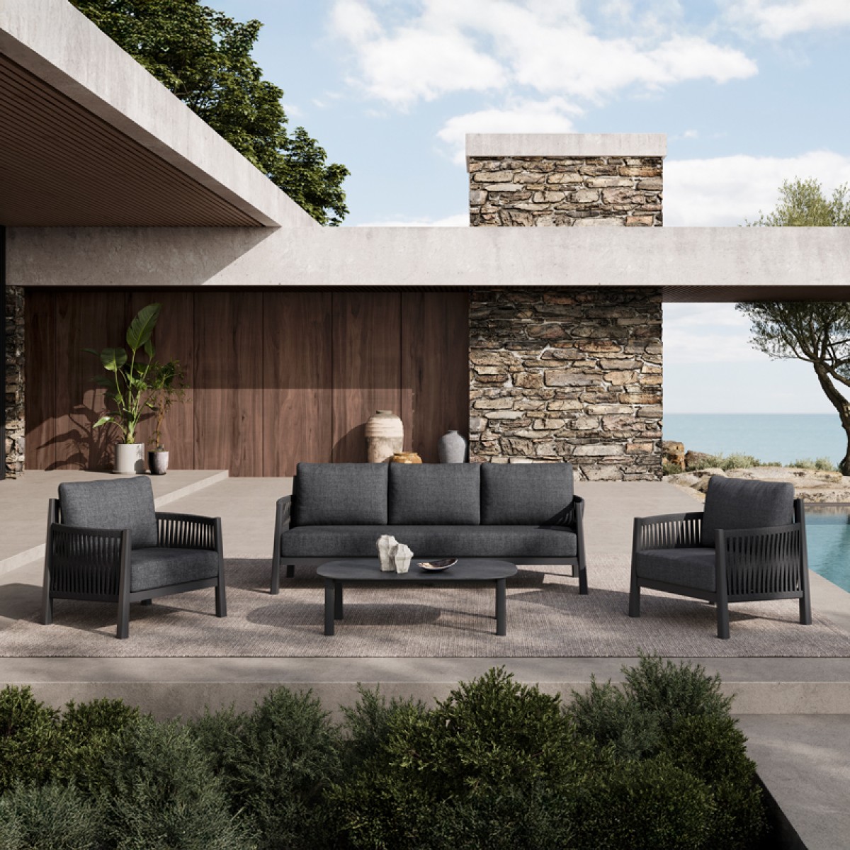 Σαλόνι εξωτερικού χώρου Feralda pakoworld ανθρακί αλουμίνιο-rope με ύφασμα σε ανθρακί απόχρωση