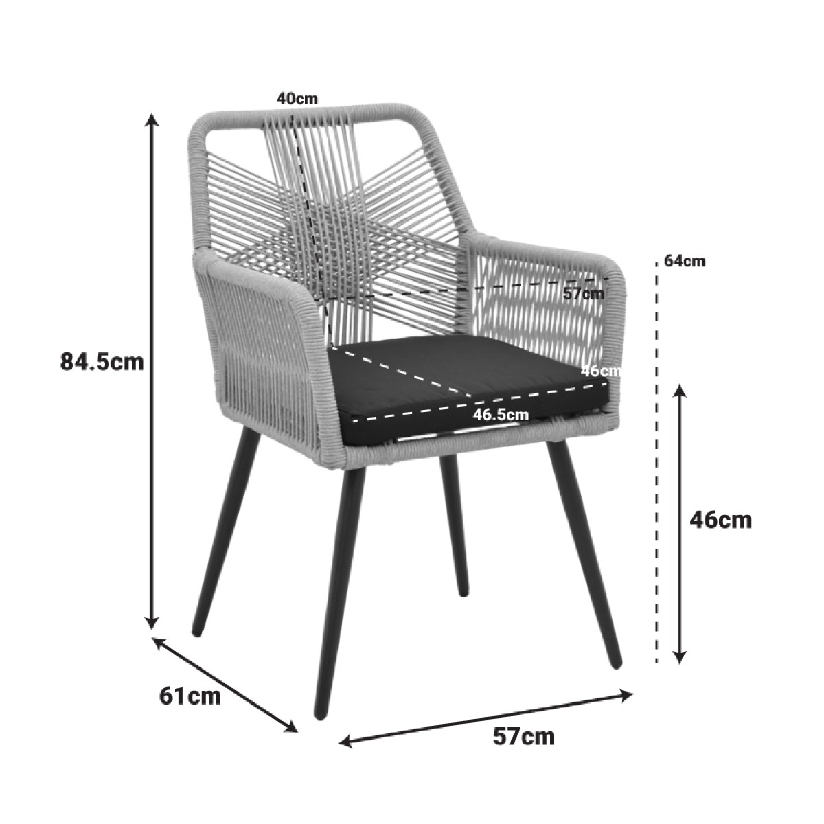Πολυθρόνα Andros pakoworld αλουμίνιο σε μαύρη- pe σχοινί σε φυσική απόχρωση 56x60x86εκ