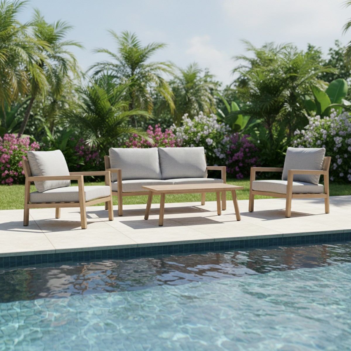 Σαλόνι κήπου Andasio pakoworld σετ 4τεμ αλουμίνιο κ σχοινί σε φυσική- μαξιλάρια σε γκρι απόχρωση