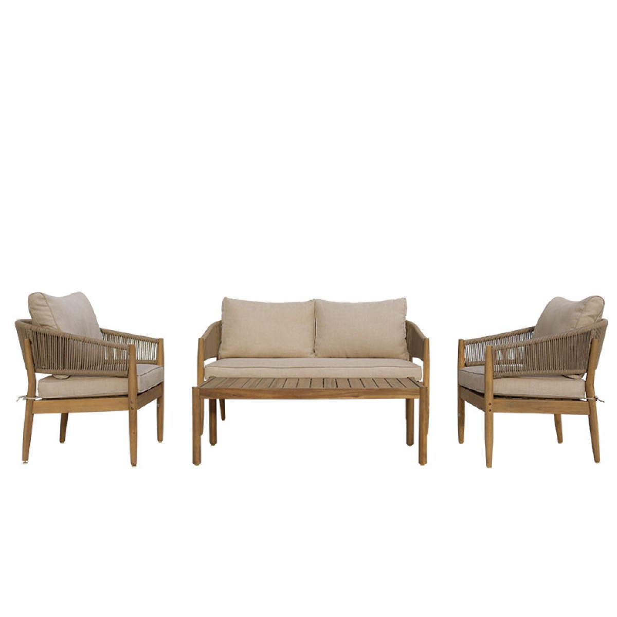 Σαλόνι εξωτερικού χώρου Lemanda pakoworld μασίφ ξύλο ακακίας με σχοινί και μπεζ μαξιλάρια