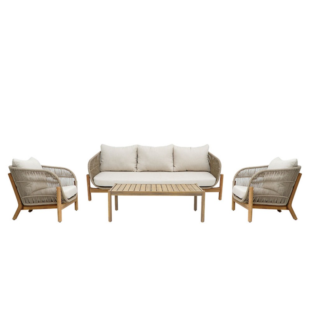 Σαλόνι εξωτερικού χώρου Verilan pakoworld μασίφ ξύλο ακακίας με σχοινί και μπεζ μαξιλάρια