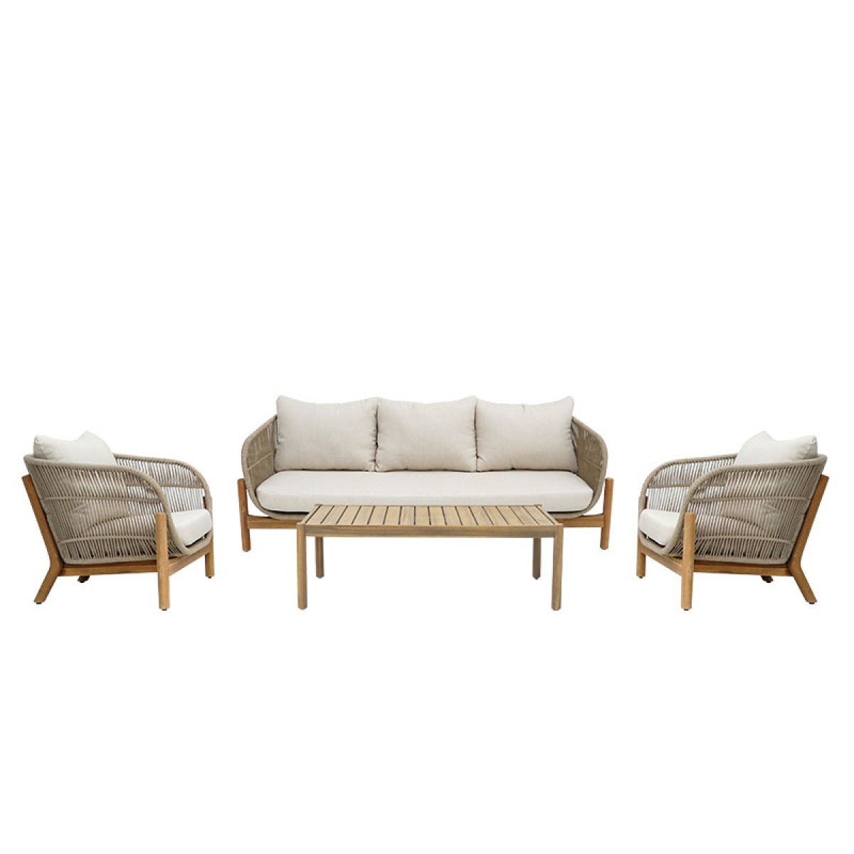 Σαλόνι εξωτερικού χώρου Verilan pakoworld μασίφ ξύλο ακακίας με σχοινί και μπεζ μαξιλάρια