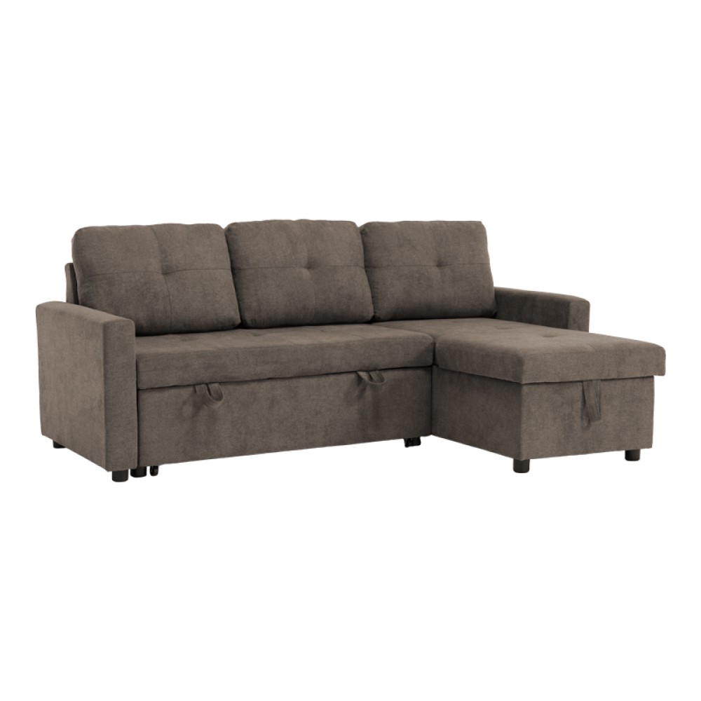 Γωνιακός αναστρέψιμος καναπές κρεβάτι Napora pakoworld με αποθηκευτικό χώρο γκρι-μπεζ ύφασμα 214x83/138x90εκ
