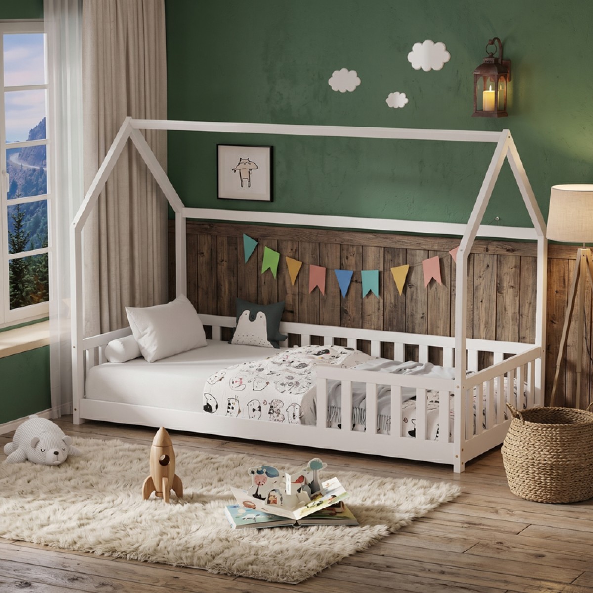 Παιδικό κρεβάτι Bambie με κιγκλίδωμα τ. Montessori pakoworld ξύλο πεύκου λευκό 70x140εκ