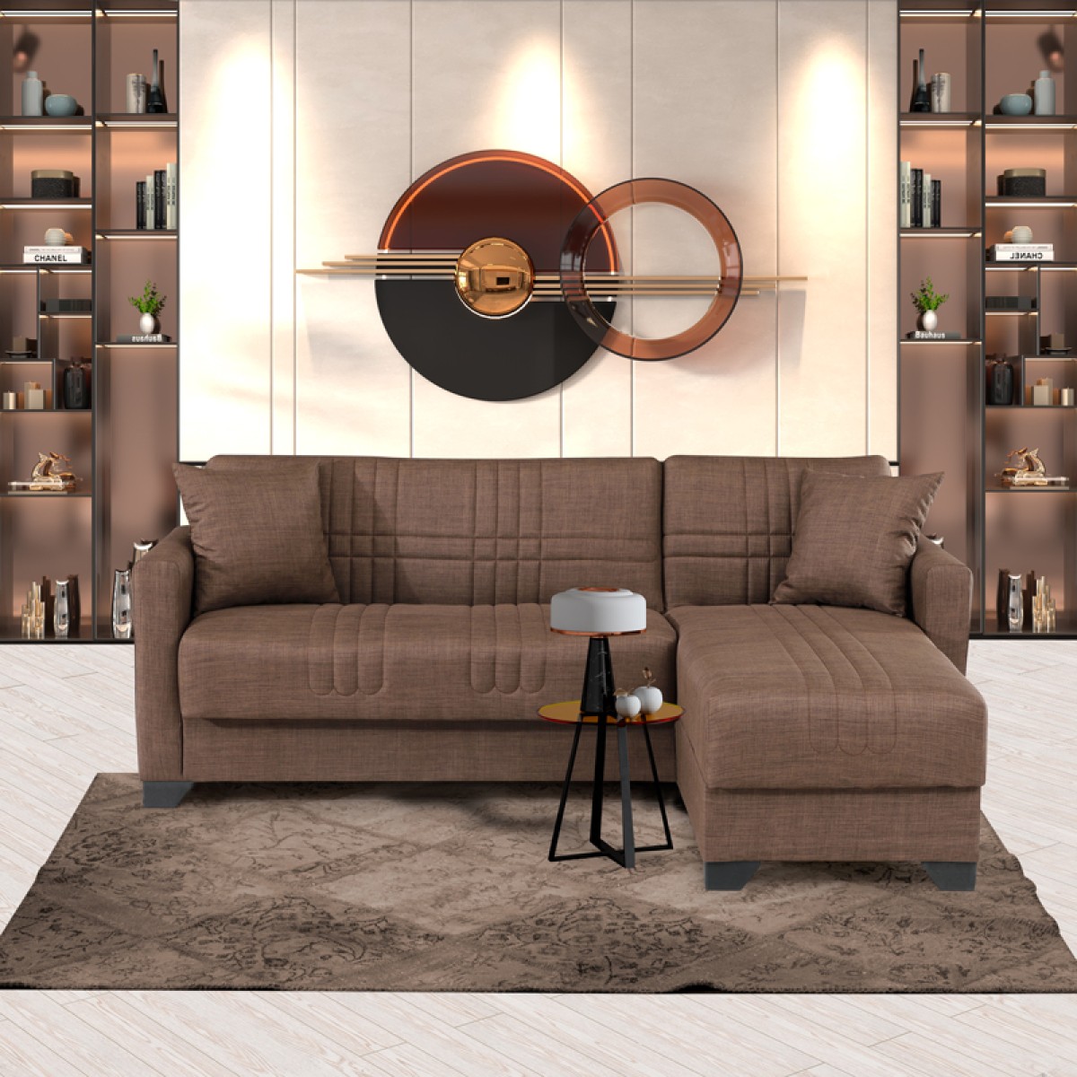 Γωνιακός καναπές-κρεβάτι αναστρέψιμος Stashio pakoworld ύφασμα καφε 202x143x84εκ