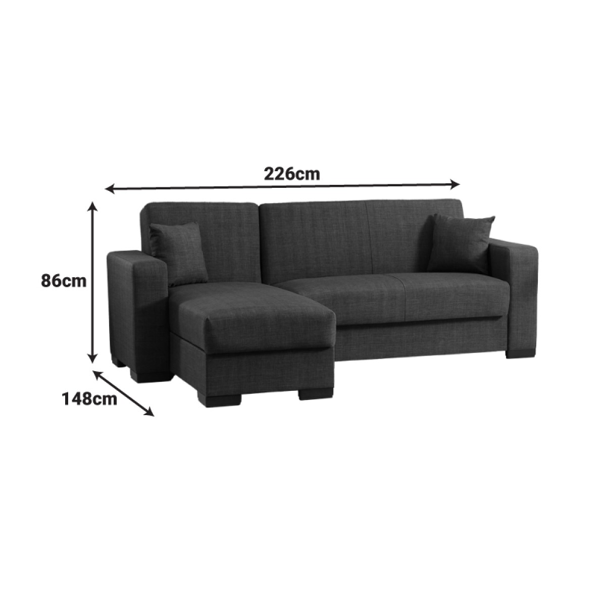 Γωνιακός καναπές-κρεβάτι αναστρέψιμος Dumma pakoworld ύφασμα ανθρακί 226x148x86εκ