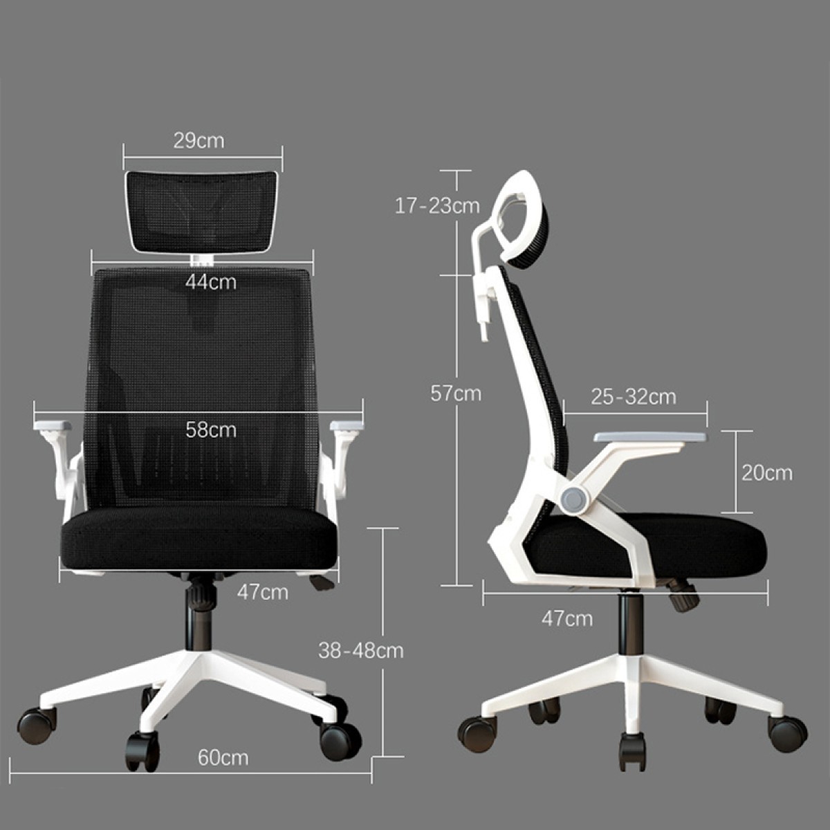 Καρέκλα γραφείου Plymot pakoworld λευκή - mesh μαύρο 48x58x112-122εκ
