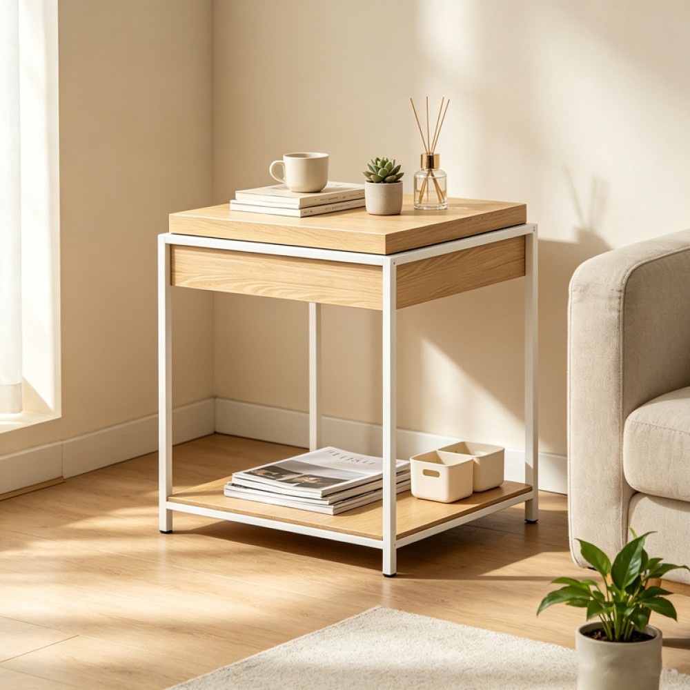 Βοηθητικό τραπέζι Odar pakoworld με αποθηκευτικό χώρο sonoma MDF με λευκό μέταλλο 51x51x60εκ
